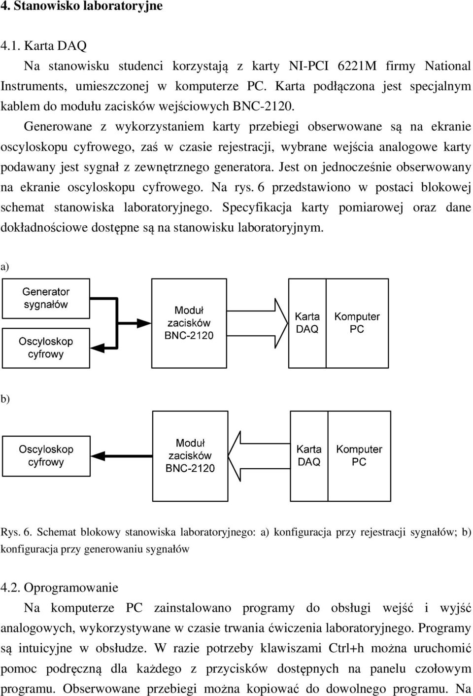 Generowane z wykorzystaniem karty przebiegi obserwowane są na ekranie oscyloskopu cyfrowego, zaś w czasie rejestracji, wybrane wejścia analogowe karty podawany jest sygnał z zewnętrznego generatora.