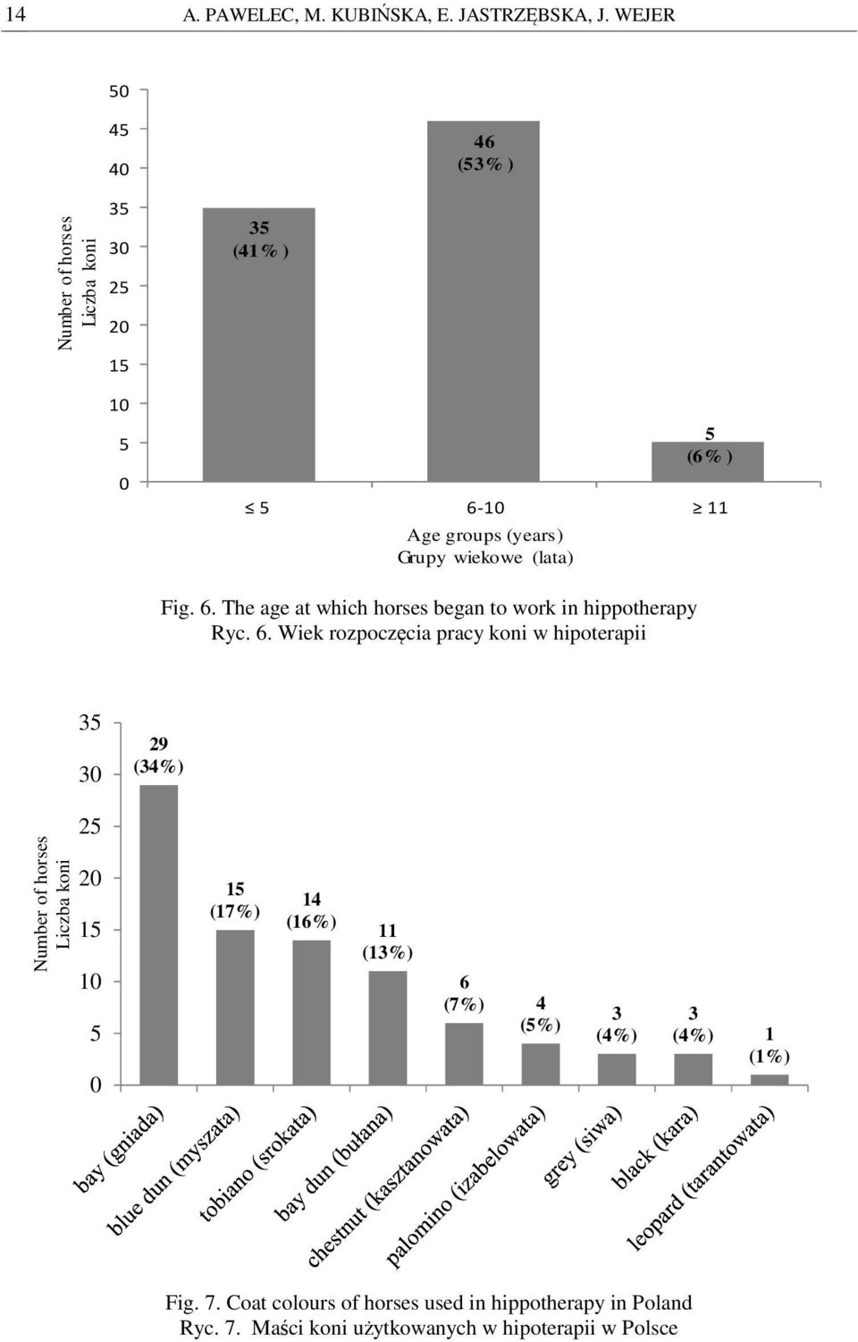 6. Wiek rozpoczęcia pracy koni w hipoterapii 3 29 (34%) 2 2 1 1 (17%) 14 (16%) 11 (13%) 6 (7%) 4 (%) 3 (4%) 3