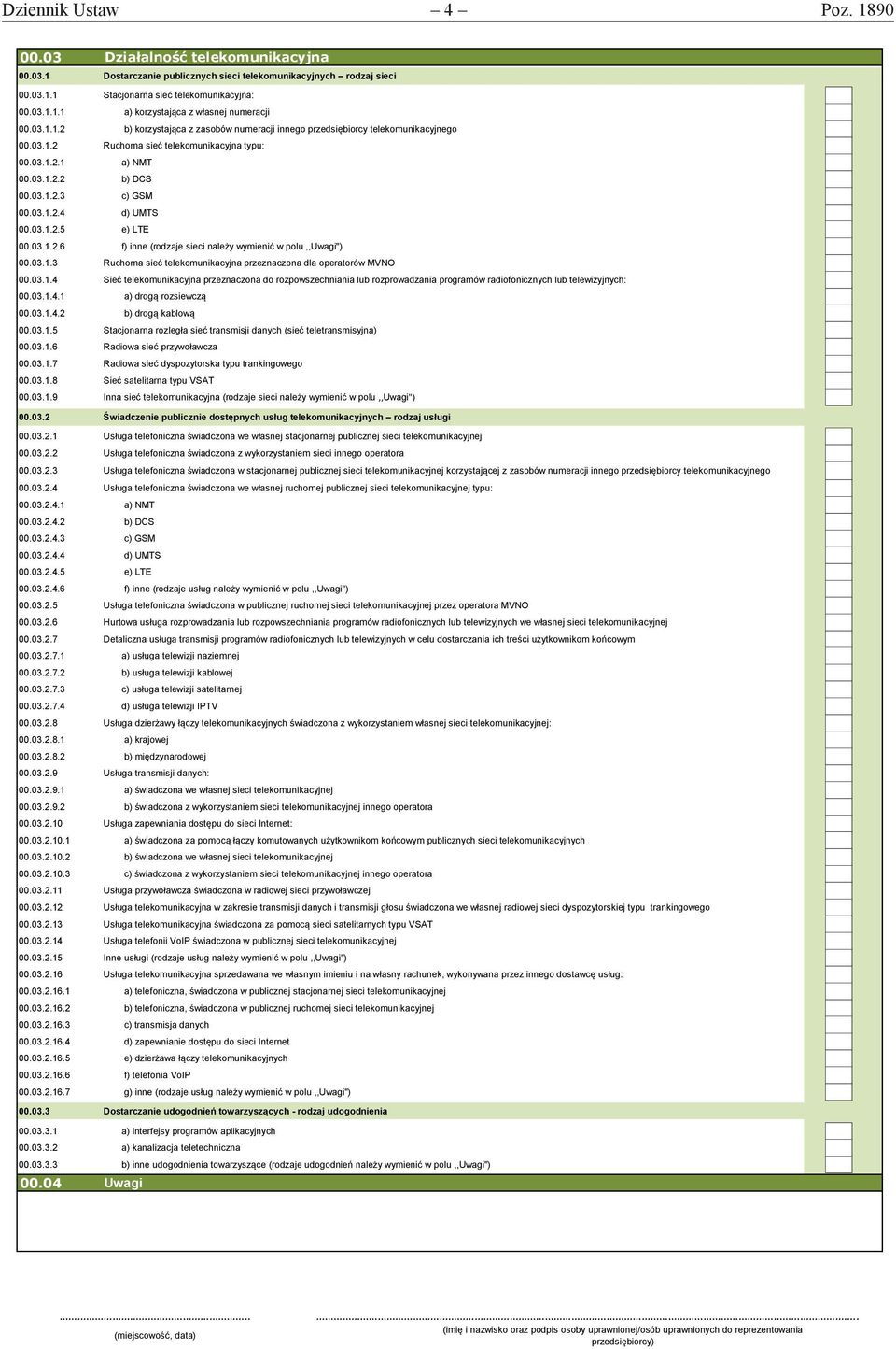 03.1.2.6 f) inne (rodzaje sieci należy wymienić w polu,,uwagi") 00.03.1.3 Ruchoma sieć telekomunikacyjna przeznaczona dla operatorów MVNO 00.03.1.4 Sieć telekomunikacyjna przeznaczona do rozpowszechniania lub rozprowadzania programów radiofonicznych lub telewizyjnych: 00.