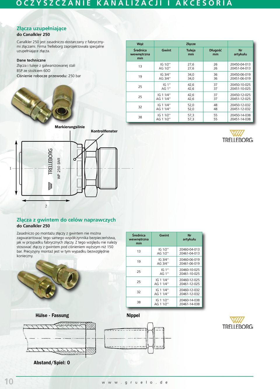 Dane techniczne Złącza i tuleje z galwanizowanej stali BSP ze stożkiem 60O przewodu: 250 Wąż 13 19 Gwint IG 1/2 AG 1/2 IG 3/4 AG 3/4 Złącze Tuleja 27,6 27,6 34,0 34,0 Długość 26 26 36 36 20450-04-013