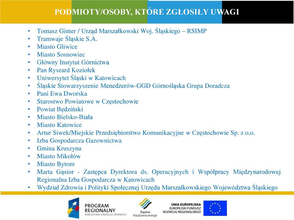 Miasto Gliwice Miasto Sosnowiec Główny Instytut Górnictwa Pan Ryszard Koziołek Uniwersytet Śląski w Katowicach Śląskie Stowarzyszenie Menedżerów-GGD Górnośląska Grupa Doradcza Pani Ewa