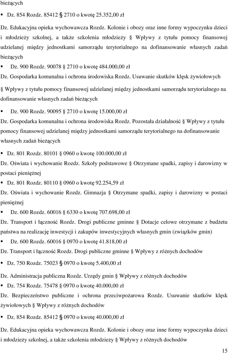 dofinansowanie własnych zadań bieŝących Dz. 900 Rozdz. 90078 2710 o kwotę 484.000,00 zł Dz. Gospodarka komunalna i ochrona środowiska Rozdz.