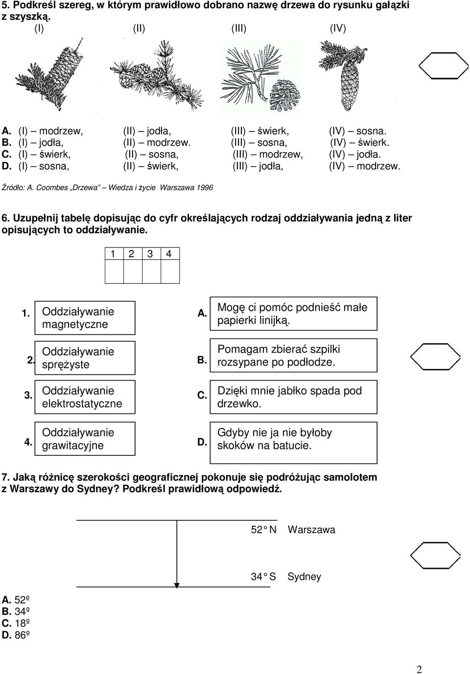 Uzupełnij tabelę dopisując do cyfr określających rodzaj oddziaływania jedną z liter opisujących to oddziaływanie. 1 2 3 4 1. Oddziaływanie A. magnetyczne Oddziaływanie 2. sprężyste B. 3. Oddziaływanie elektrostatyczne C.