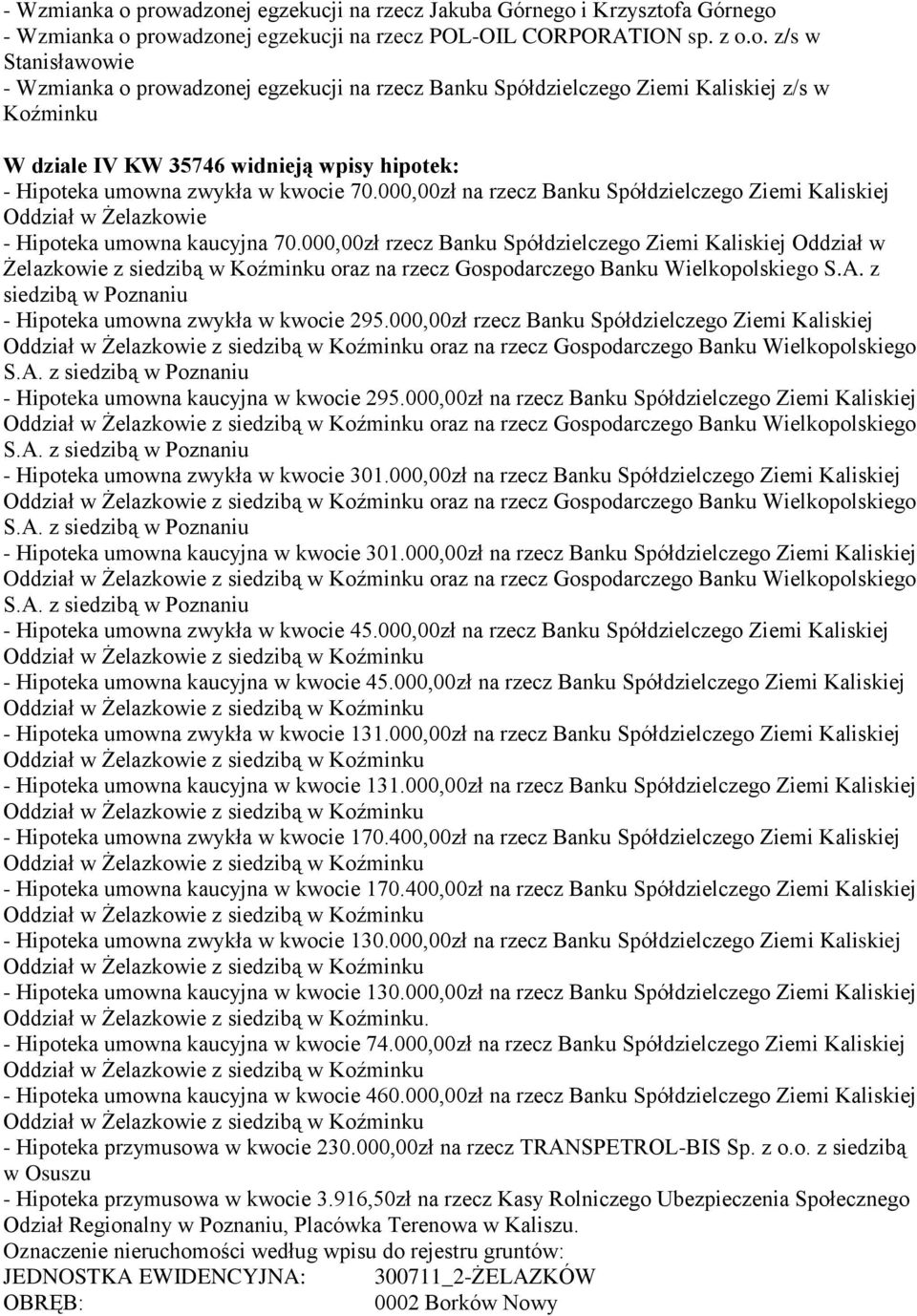 000,00zł na rzecz Banku Spółdzielczego Ziemi Kaliskiej Oddział w Żelazkowie - Hipoteka umowna kaucyjna 70.