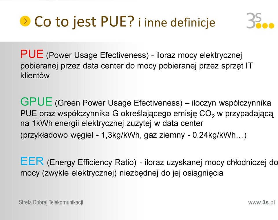 sprzęt IT klientów GPUE (Green Power Usage Efectiveness) iloczyn współczynnika PUE oraz współczynnika G określającego emisję CO 2 w