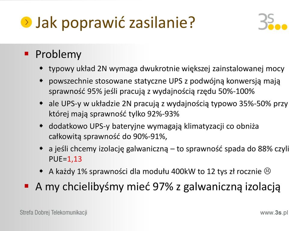 jeśli pracują z wydajnością rzędu 50%-100% ale UPS-y w układzie 2N pracują z wydajnością typowo 35%-50% przy której mają sprawność tylko 92%-93%