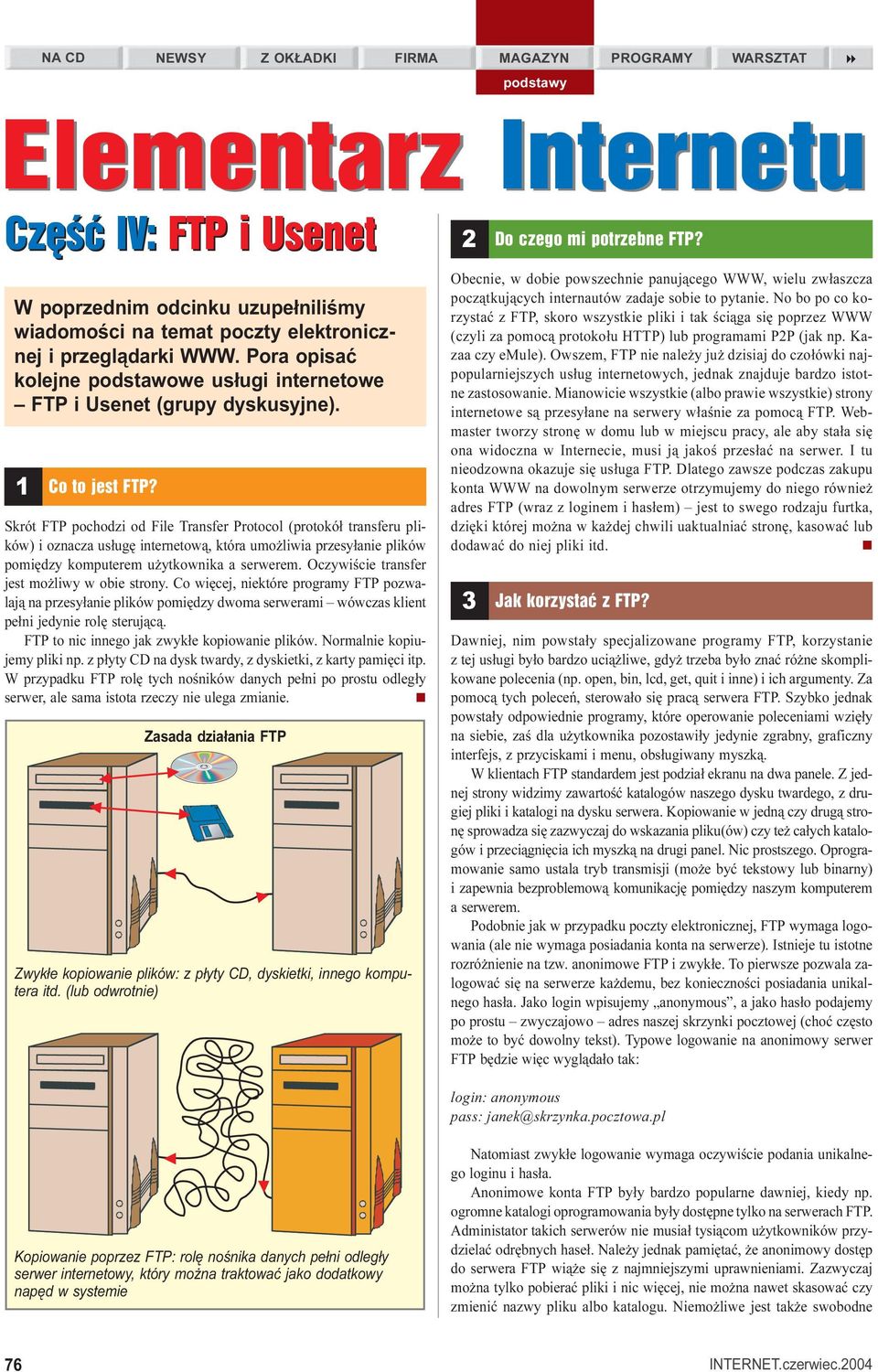 Skrót FTP pochodzi od File Transfer Protocol (protokó³ transferu plików) i oznacza us³ugê internetow¹, która umo liwia przesy³anie plików pomiêdzy komputerem u ytkownika a serwerem.