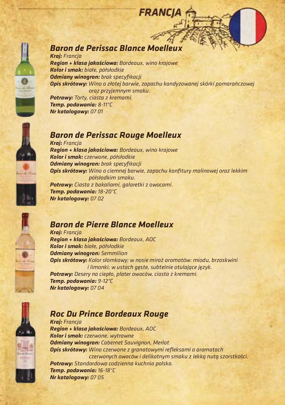 podawania: 8-11 C Nr katalogowy: 07 01 Baron de Perissac Rouge Moelleux Kraj: Francja Region + klasa jakościowa: Bordeaux, wino krajowe Kolor i smak: czerwone, półsłodkie Odmiany winogron: brak