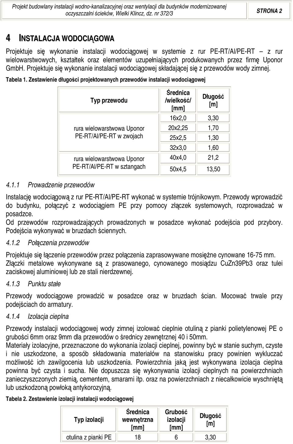 produkowanych przez firmę Uponor GmbH. Projektuje się wykonanie instalacji wodociągowej składającej się z przewodów wody zimnej. Tabela 1.