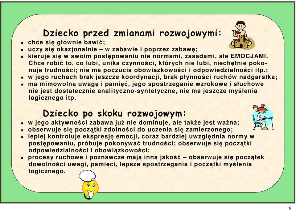 ; w jego ruchach brak jeszcze koordynacji, brak płynności ruchów nadgarstka; ma mimowolną uwagę i pamięć, jego spostrzeganie wzrokowe i słuchowe nie jest dostatecznie analityczno-syntetyczne, nie ma