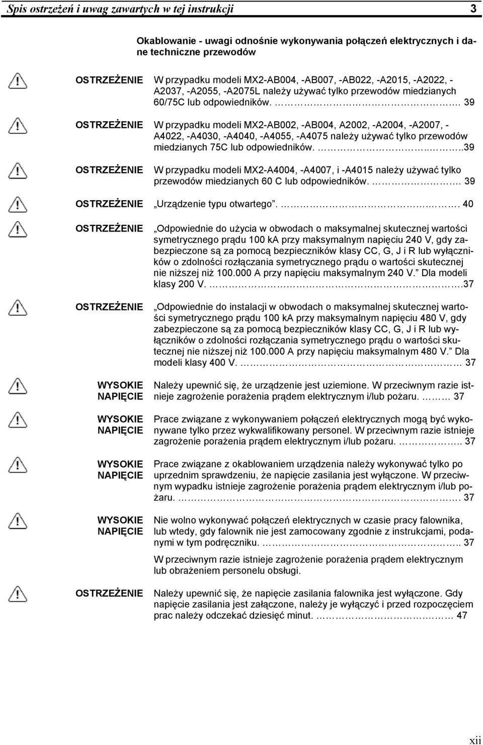 . 39 OSTRZEŻENIE W przypadku modeli MX2-AB002, -AB004, A2002, -A2004, -A2007, - A4022, -A4030, -A4040, -A4055, -A4075 należy używać tylko przewodów miedzianych 75C lub odpowiedników.