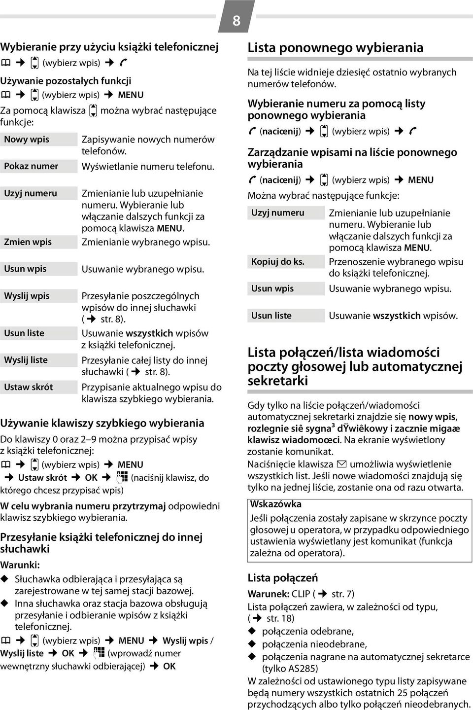 Wybieranie lub włączanie dalszych funkcji za pomocą klawisza MENU. Zmienianie wybranego wpisu. Usuwanie wybranego wpisu. Przesyłanie poszczególnych wpisów do innej słuchawki ( str. 8).