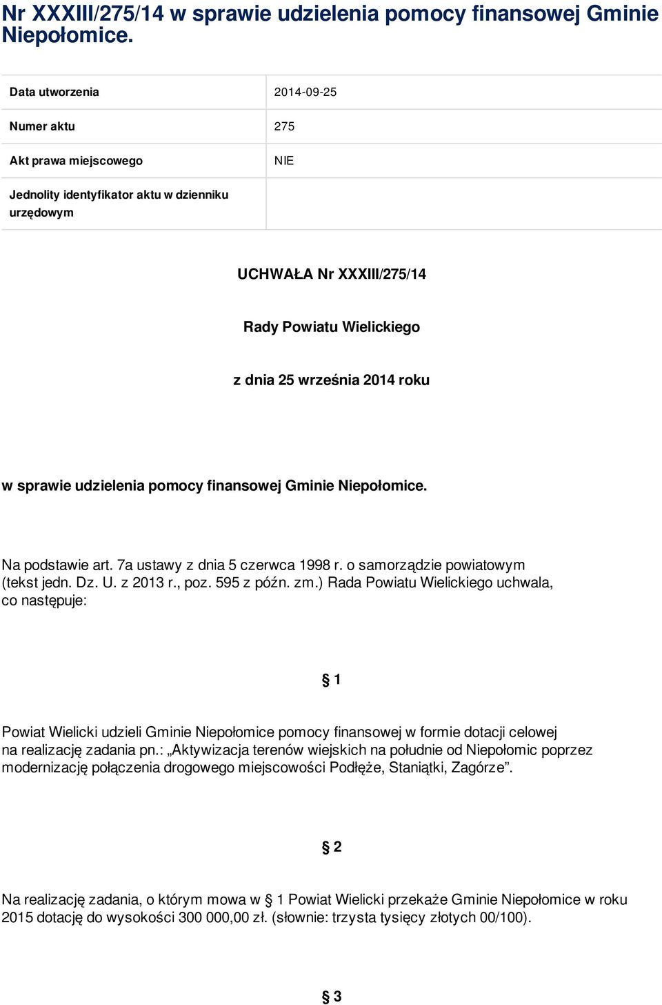 sprawie udzielenia pomocy finansowej Gminie Niepołomice. Na podstawie art. 7a ustawy z dnia 5 czerwca 1998 r. o samorządzie powiatowym (tekst jedn. Dz. U. z 2013 r., poz. 595 z późn. zm.