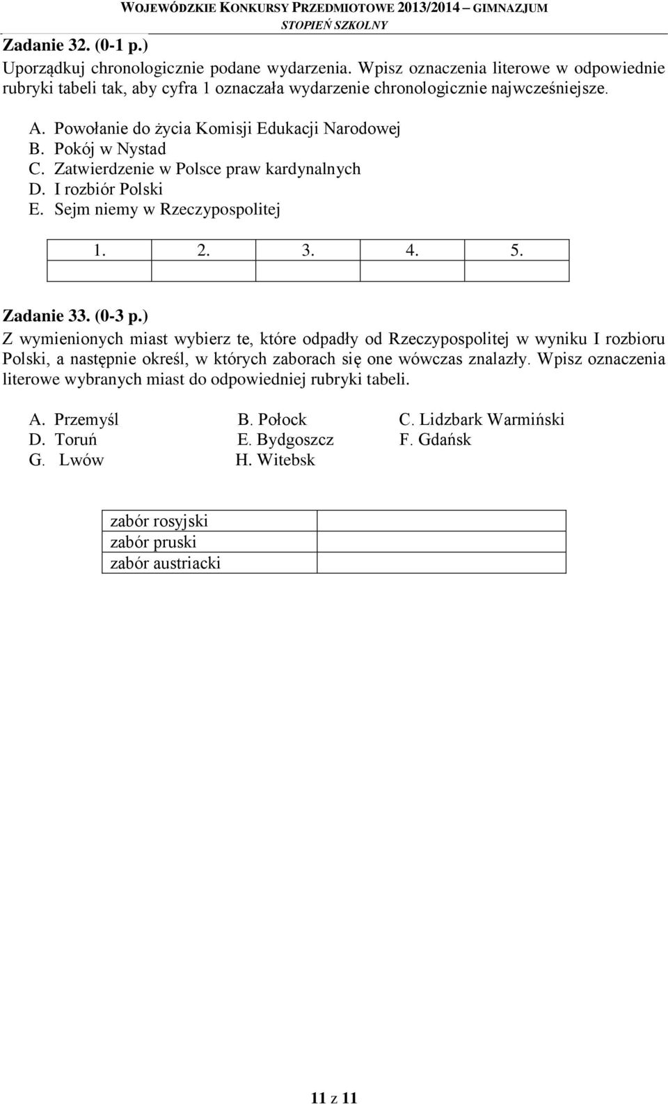 (0-3 p.) Z wymienionych miast wybierz te, które odpadły od Rzeczypospolitej w wyniku I rozbioru Polski, a następnie określ, w których zaborach się one wówczas znalazły.