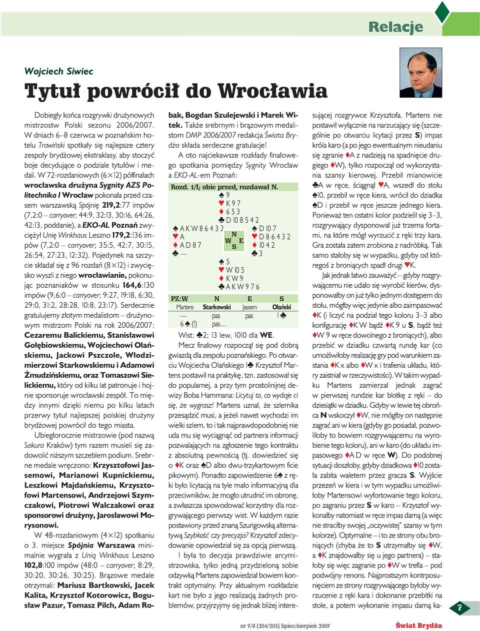 W 72-rozdaniowych (6 12) pó fina ach wroc awska dru yna Sygnity AZS Politechnika I Wroc aw pokona a przed czasem warszawskà Spójni 219,2:77 impów (7,2:0 carryover; 44:9, 32:13, 30:16, 64:26, 42:13,