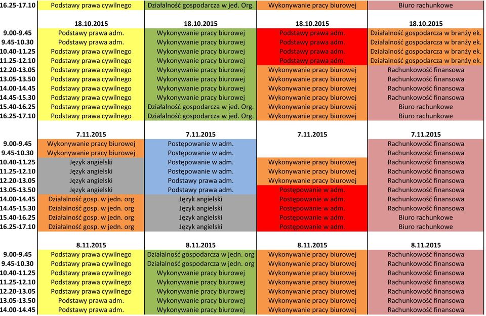 40-11.25 Podstawy prawa cywilnego Wykonywanie pracy biurowej Podstawy prawa adm. Działalność gospodarcza w branży ek. 11.25-12.