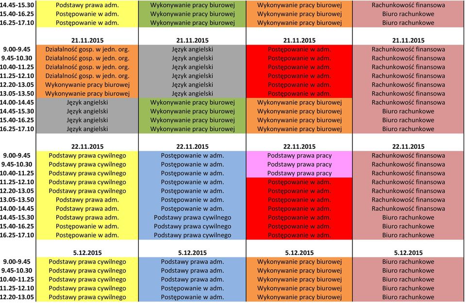 00-9.45 Działalność gosp. w jedn. org. Język angielski Postępowanie w adm. Rachunkowość finansowa 9.45-10.30 Działalność gosp. w jedn. org. Język angielski Postępowanie w adm. Rachunkowość finansowa 10.