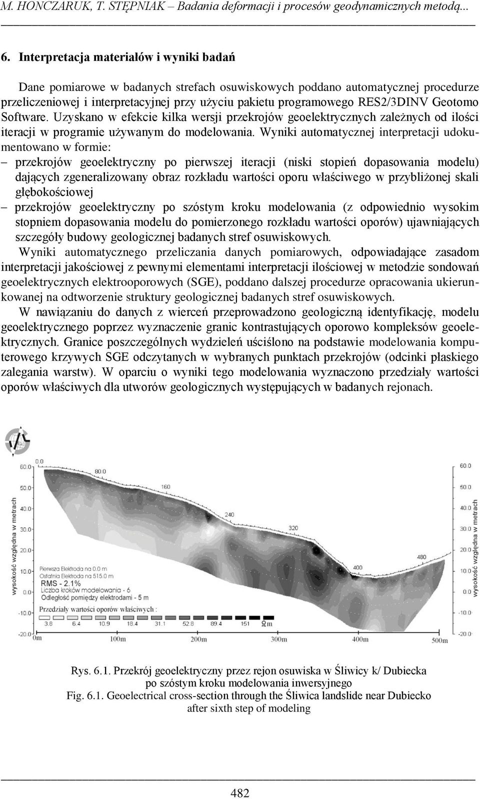 Geotomo Software. Uzyskano w efekcie kilka wersji przekrojów geoelektrycznych zależnych od ilości iteracji w programie używanym do modelowania.