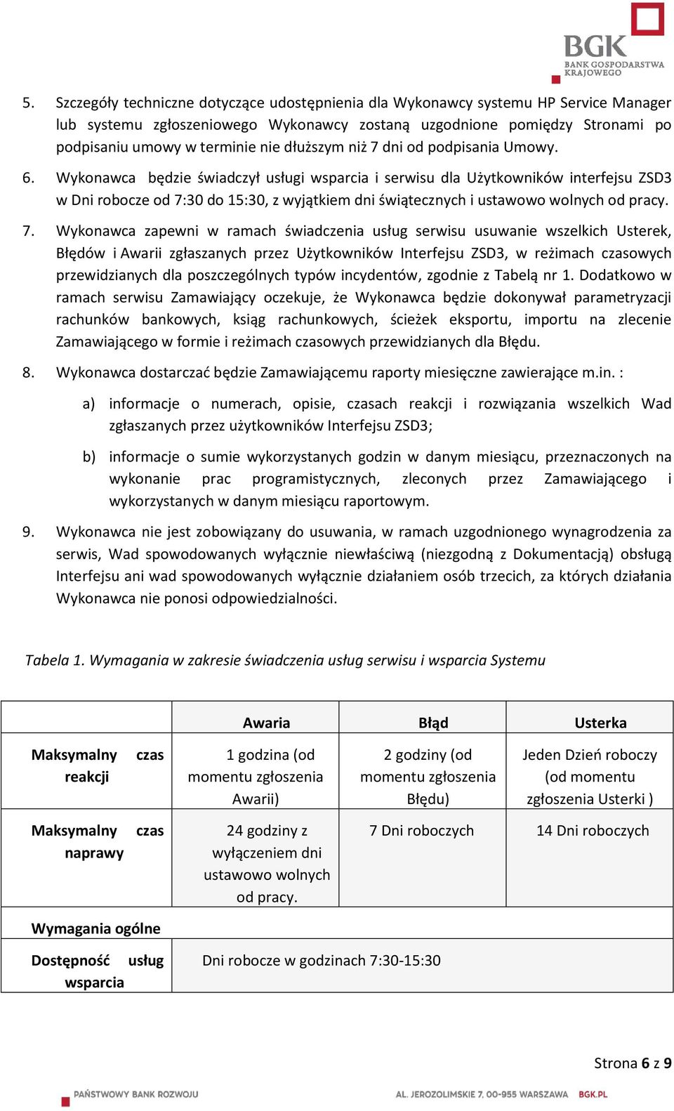 Wykonawca będzie świadczył usługi wsparcia i serwisu dla Użytkowników interfejsu ZSD3 w Dni robocze od 7: