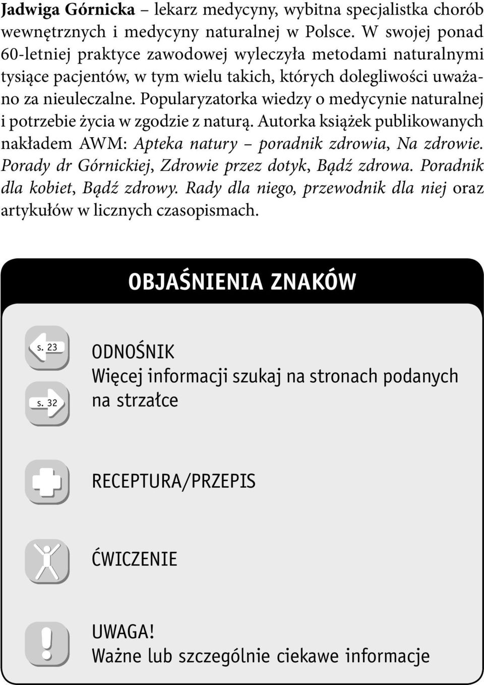 Popularyzatorka wiedzy o medycynie naturalnej i potrzebie życia w zgodzie z naturą. Autorka książek publikowanych nakładem AWM: Apteka natury poradnik zdrowia, Na zdrowie.