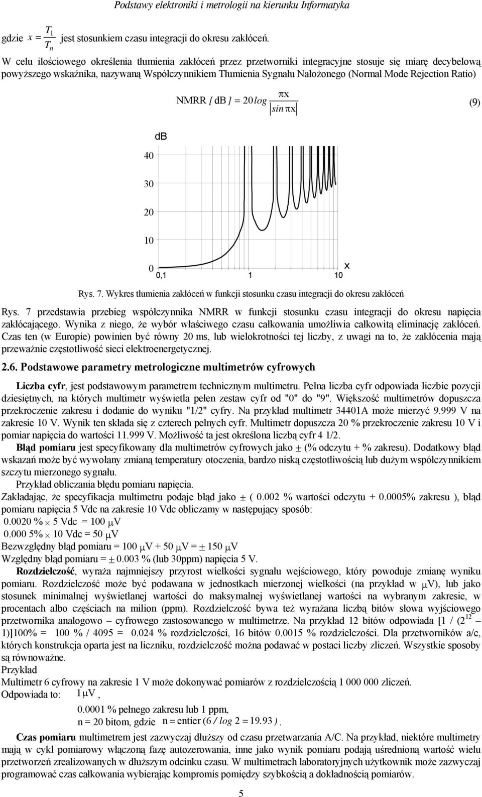 Mode Rejection Ratio) 40 db πx NMRR [ db] = 20log (9) sinπx 30 20 0 0 x 0, 0 Rys. 7. Wykres tłumienia zakłóceń w funkcji stosunku czasu integracji do okresu zakłóceń Rys.