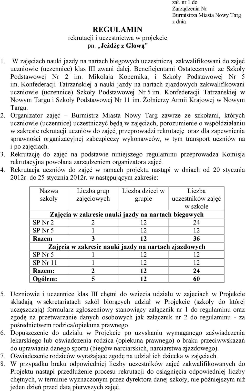 Mikołaja Kopernika, i Szkoły Podstawowej Nr 5 im. Konfederacji Tatrzańskiej a nauki jazdy na nartach zjazdowych zakwalifikowani uczniowie (uczennice) Szkoły Podstawowej Nr 5 im.