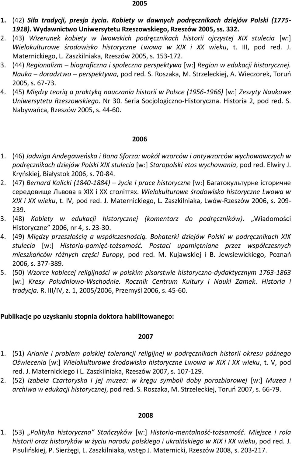 Maternickiego, L. Zaszkilniaka, Rzeszów 2005, s. 153-172. 3. (44) Regionalizm biograficzna i społeczna perspektywa [w:] Region w edukacji historycznej. Nauka doradztwo perspektywa, pod red. S.