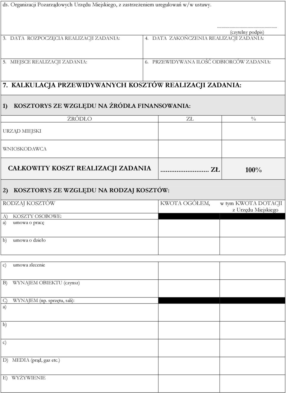 KALKULACJA PRZEWIDYWANYCH KOSZTÓW REALIZACJI ZADANIA: 1) KOSZTORYS ZE WZGLĘDU NA ŹRÓDŁA FINANSOWANIA: URZĄD MIEJSKI ŻRÓDŁO ZŁ % WNIOSKODAWCA CAŁKOWITY KOSZT REALIZACJI ZADANIA.