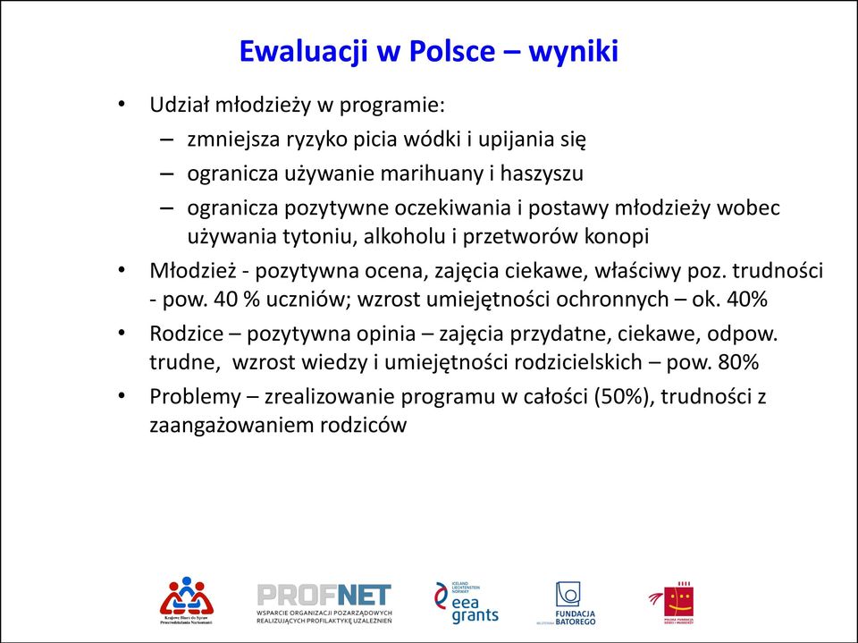 ciekawe, właściwy poz. trudności - pow. 40 % uczniów; wzrost umiejętności ochronnych ok.