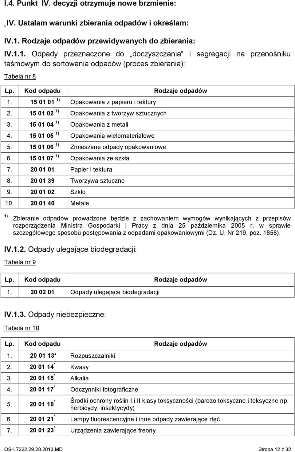 Kod odpadu Rodzaje odpadów 1. 15 01 01 1) Opakowania z papieru i tektury 2. 15 01 02 1) Opakowania z tworzyw sztucznych 3. 15 01 04 1) Opakowania z metali 4. 15 01 05 1) Opakowania wielomateriałowe 5.