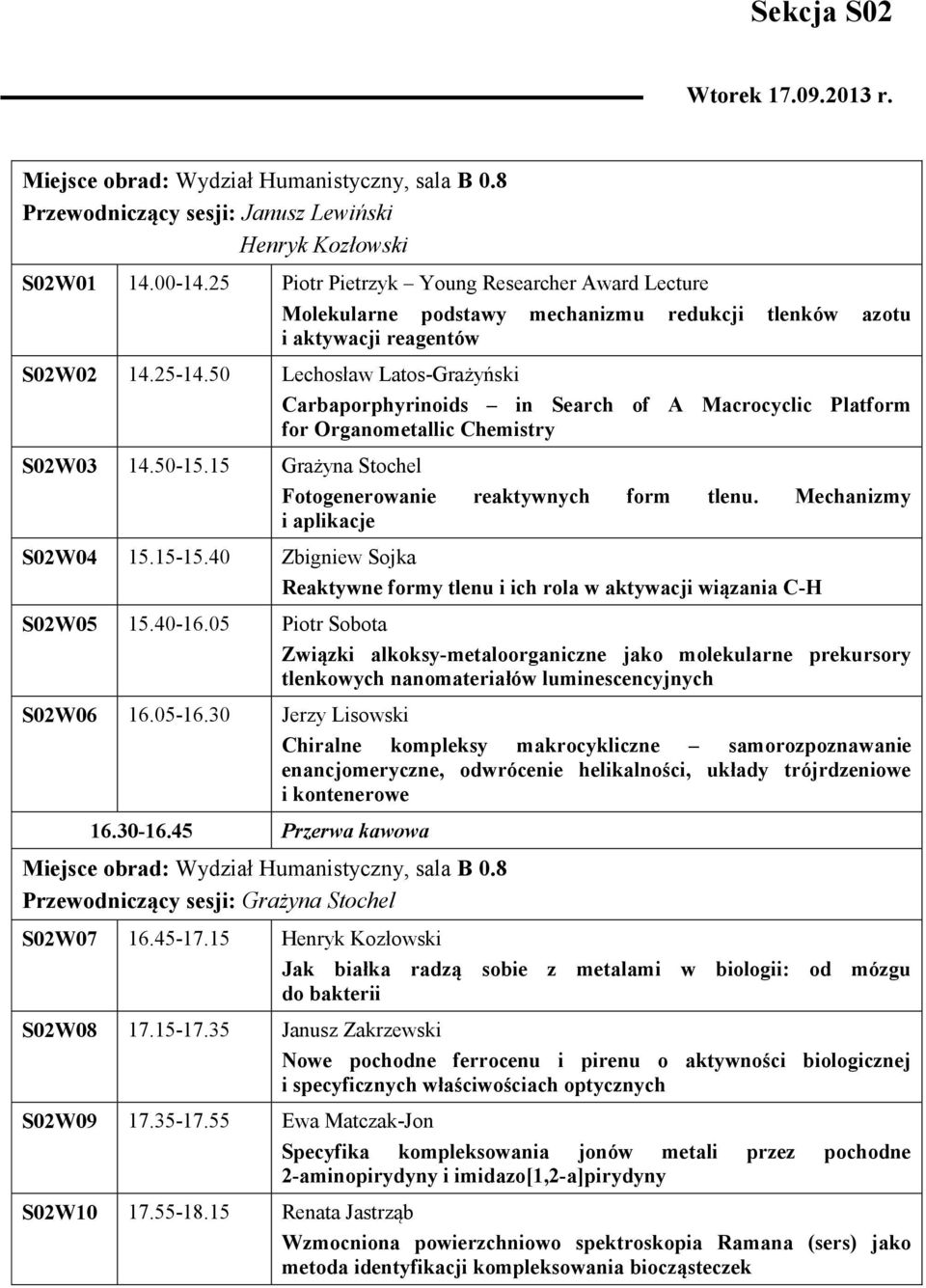 50 Lechosław Latos-Grażyński Carbaporphyrinoids in Search of A Macrocyclic Platform for Organometallic Chemistry S02W03 14.50-15.15 Grażyna Stochel Fotogenerowanie reaktywnych form tlenu.