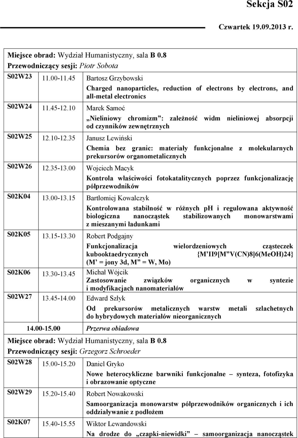 35 Janusz Lewiński Chemia bez granic: materiały funkcjonalne z molekularnych prekursorów organometalicznych S02W26 12.35-13.