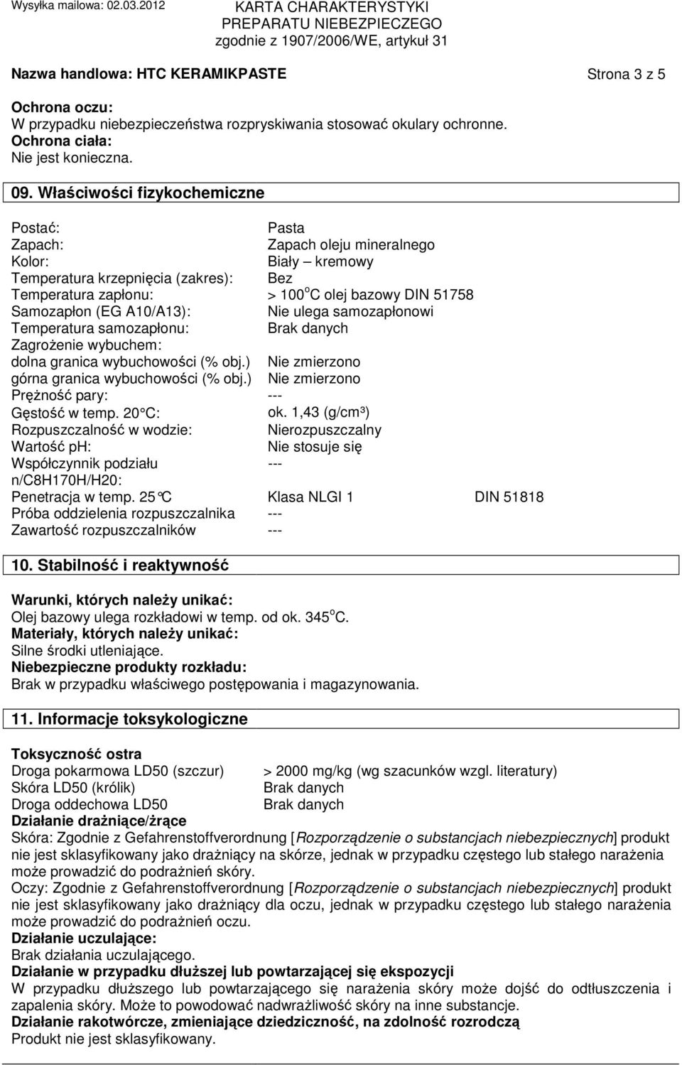 (EG A10/A13): Nie ulega samozapłonowi Temperatura samozapłonu: ZagroŜenie wybuchem: dolna granica wybuchowości (% obj.) Nie zmierzono górna granica wybuchowości (% obj.