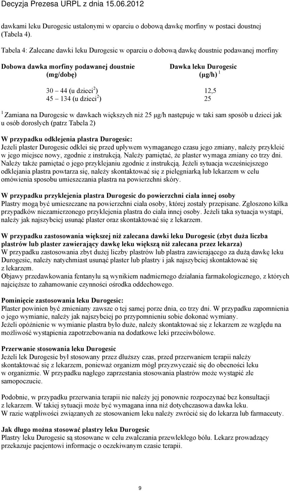 134 (u dzieci 2 ) 25 1 Zamiana na Durogesic w dawkach większych niż 25 μg/h następuje w taki sam sposób u dzieci jak u osób dorosłych (patrz Tabela 2) W przypadku odklejenia plastra Durogesic: Jeżeli