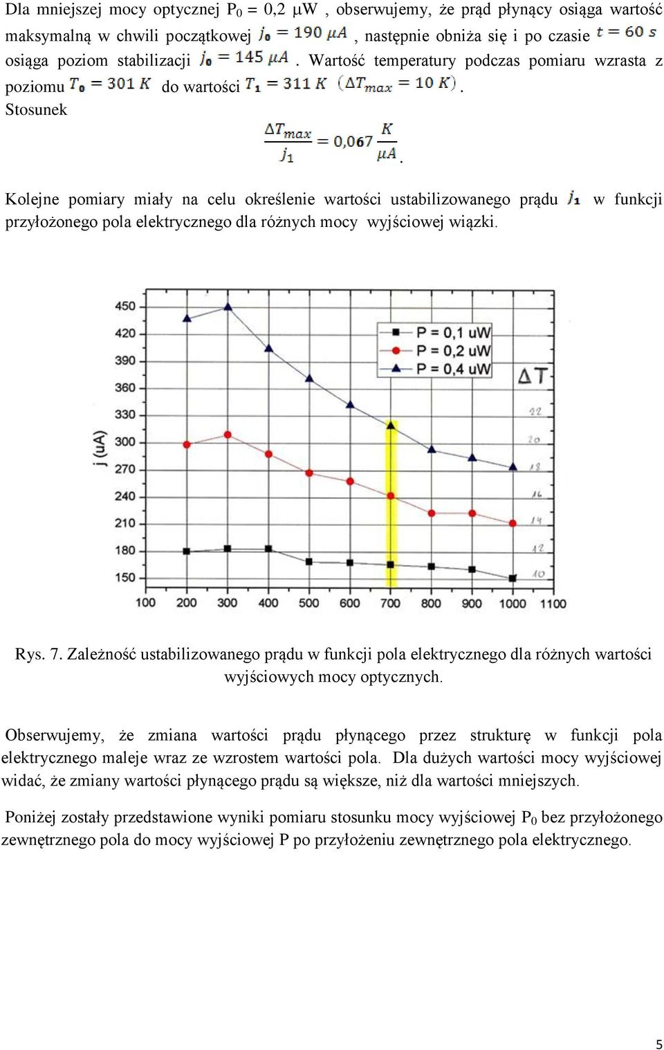 Kolejne pomiary miały na celu określenie wartości ustabilizowanego prądu przyłożonego pola elektrycznego dla różnych mocy wyjściowej wiązki. w funkcji Rys. 7.