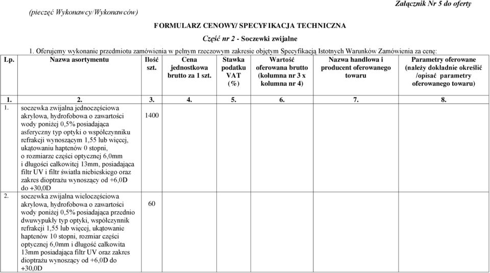 Stawka podatku VAT (%) Wartość oferowana brutto (kolumna nr 3 x kolumna nr 4) Nazwa handlowa i producent oferowanego towaru Parametry oferowane (należy dokładnie określić /opisać parametry