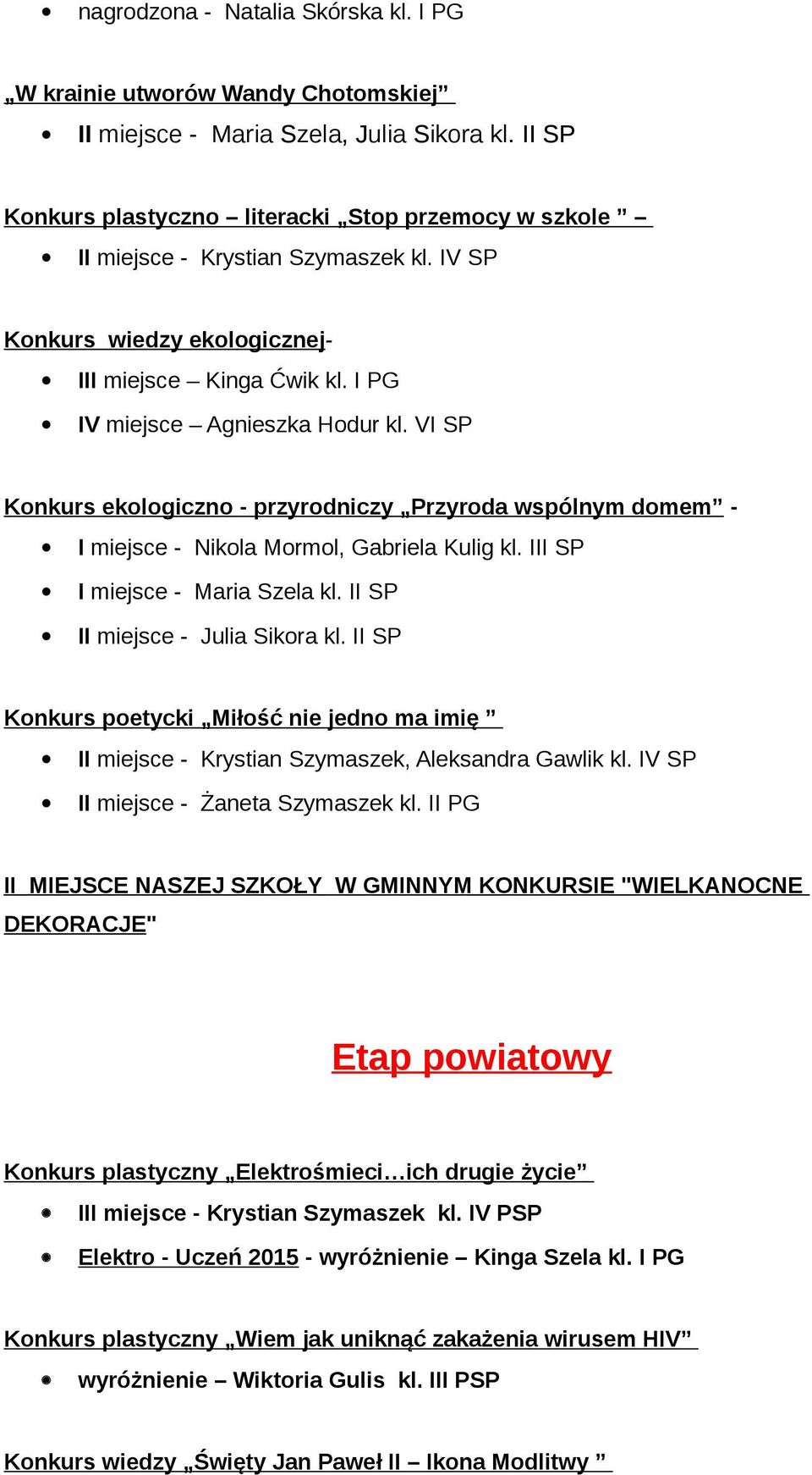 VI SP Konkurs ekologiczno - przyrodniczy Przyroda wspólnym domem - I miejsce - Nikola Mormol, Gabriela Kulig kl. III SP I miejsce - Maria Szela kl. II SP II miejsce - Julia Sikora kl.
