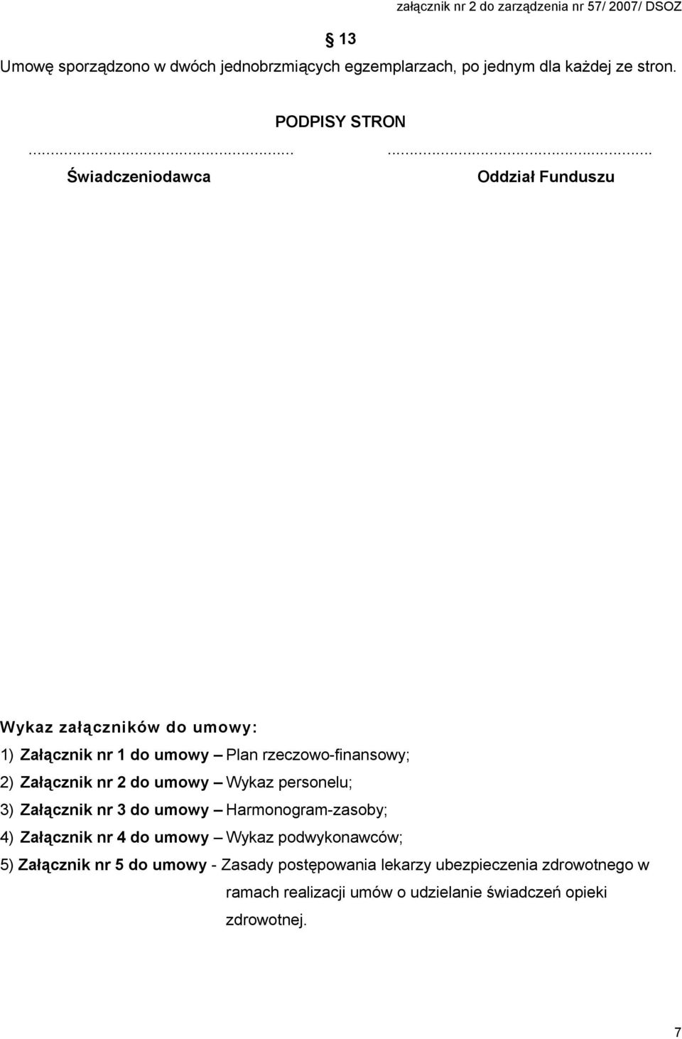 ..... Świadczeniodawca Oddział Funduszu Wykaz załączników do umowy: 1) Załącznik nr 1 do umowy Plan rzeczowo-finansowy; 2) Załącznik nr 2 do