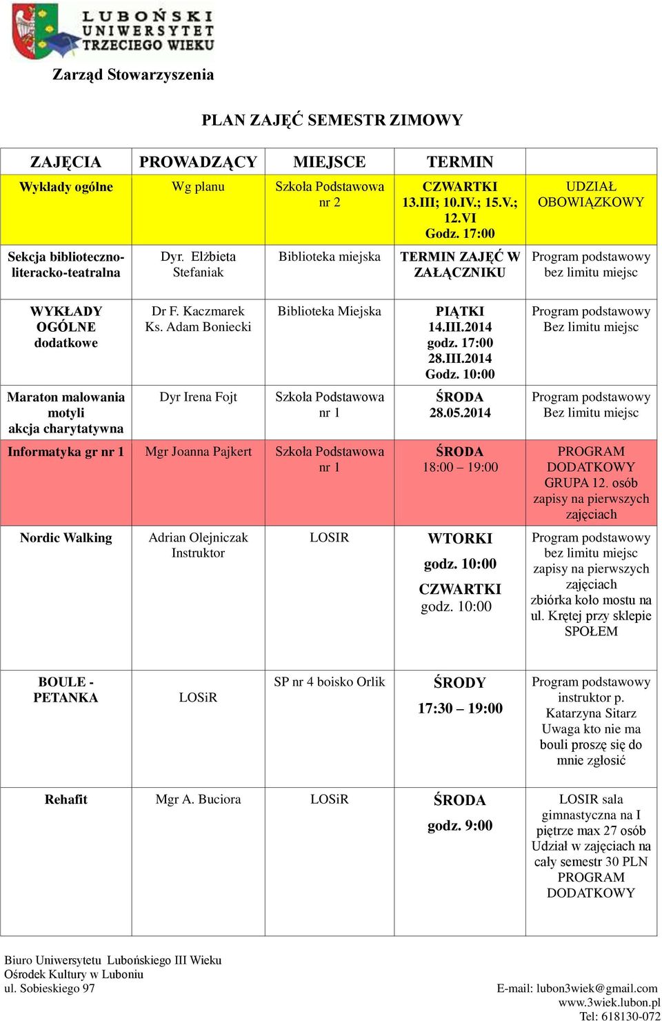 17:00 TERMIN ZAJĘĆ W ZAŁĄCZNIKU UDZIAŁ OBOWIĄZKOWY bez limitu miejsc WYKŁADY OGÓLNE dodatkowe Maraton malowania motyli akcja charytatywna Dr F. Kaczmarek Ks.