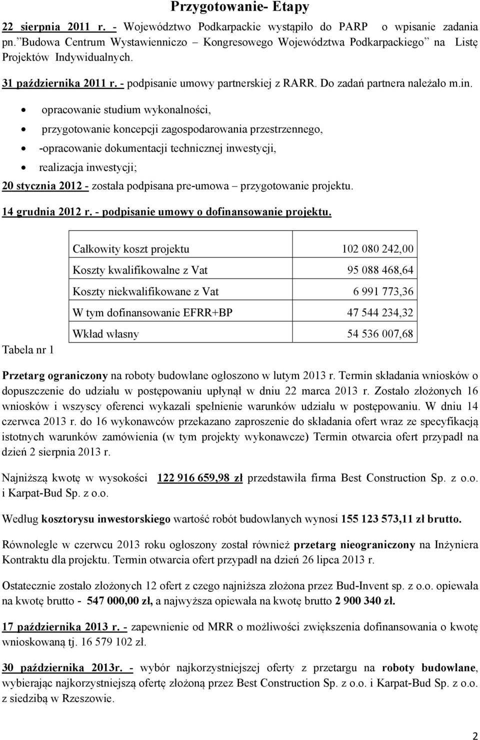 in. opracowanie studium wykonalności, przygotowanie koncepcji zagospodarowania przestrzennego, -opracowanie dokumentacji technicznej inwestycji, realizacja inwestycji; 20 stycznia 2012 - została