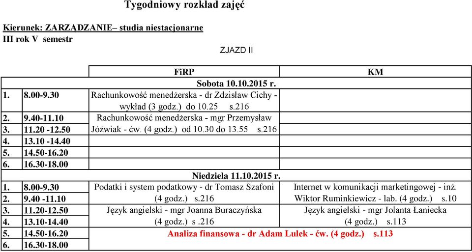 Podatki i system podatkowy - dr Tomasz Szafoni Internet w komunikacji marketingowej - inż. (4 godz.) s.216 Wiktor Ruminkiewicz - lab.