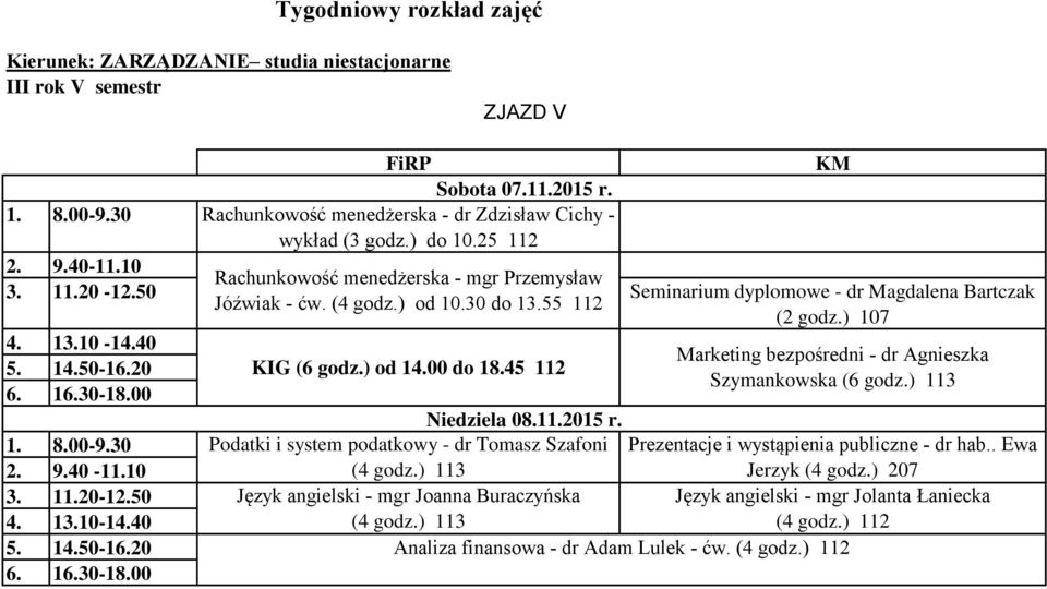 ) 107 Marketing bezpośredni - dr Agnieszka KIG (6 godz.) od 14.00 do 18.45 112 Szymankowska (6 godz.) 113 Niedziela 08.11.2015 r.