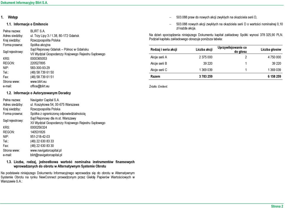 38, 80-172 Gdańsk Rzeczpospolita Polska Spółka akcyjna Sąd Rejonowy Gdańsk Północ w Gdańsku VII Wydział Gospodarczy Krajowego Rejestru Sądowego 1.2. Informacje o Autoryzowanym Doradcy Pełna nazwa: Adres siedziby: Kraj siedziby: Forma prawna: Sąd rejestrowy: Navigator Capital S.