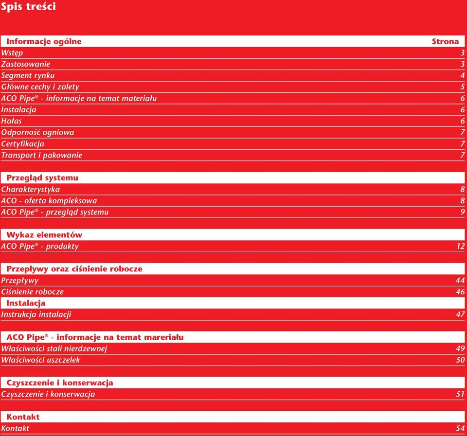 Wykz elementów ACO Pipe produkty 12 Przepływy orz ciśnienie robocze Przepływy 44 Ciśnienie robocze 46 Instlcj Instrukcj instlcji 47 ACO Pipe