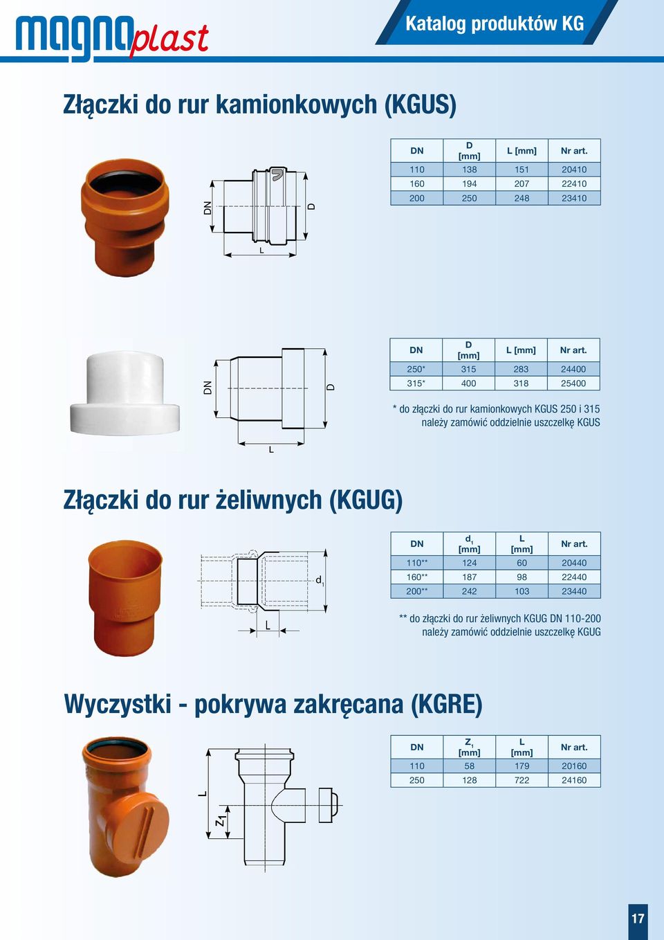 50* 315 83 4400 315* 400 318 5400 * do złączki do rur kamionkowych KGUS 50 i 315 należy zamówić oddzielnie uszczelkę KGUS Złączki do