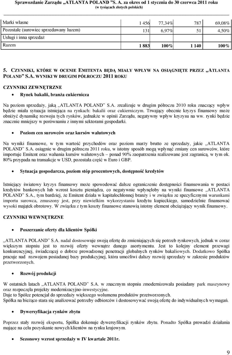 A. zrealizuje w drugim półroczu 2010 roku znaczący wpływ będzie miała sytuacja istniejąca na rynkach: bakalii oraz cukierniczym.