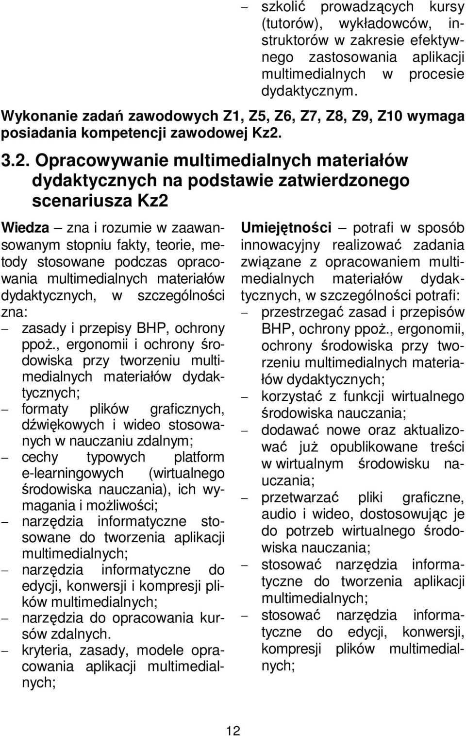 3.2. Opracowywanie multimedialnych materiałów dydaktycznych na podstawie zatwierdzonego scenariusza Kz2 Wiedza zna i rozumie w zaawansowanym stopniu fakty, teorie, metody stosowane podczas