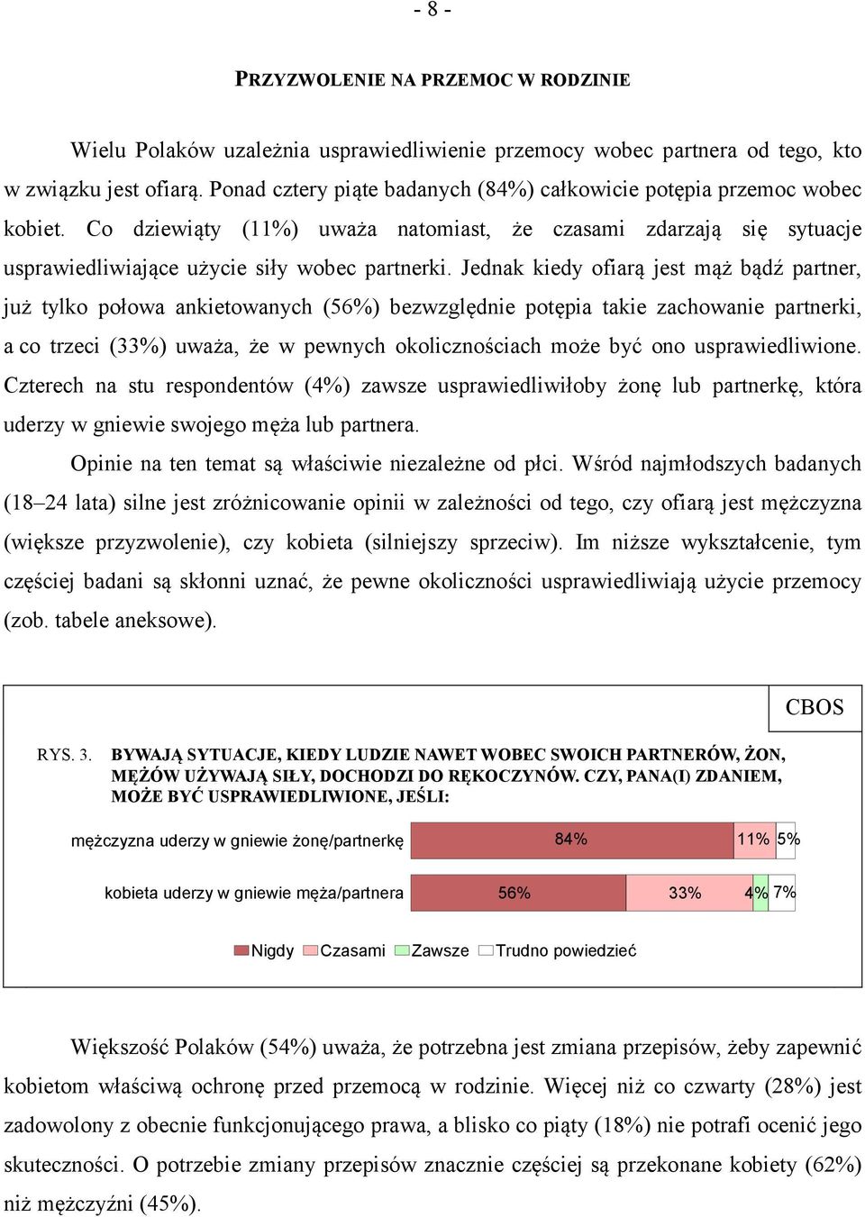 Jednak kiedy ofiarą jest mąż bądź partner, już tylko połowa ankietowanych (56%) bezwzględnie potępia takie zachowanie partnerki, a co trzeci (33%) uważa, że w pewnych okolicznościach może być ono