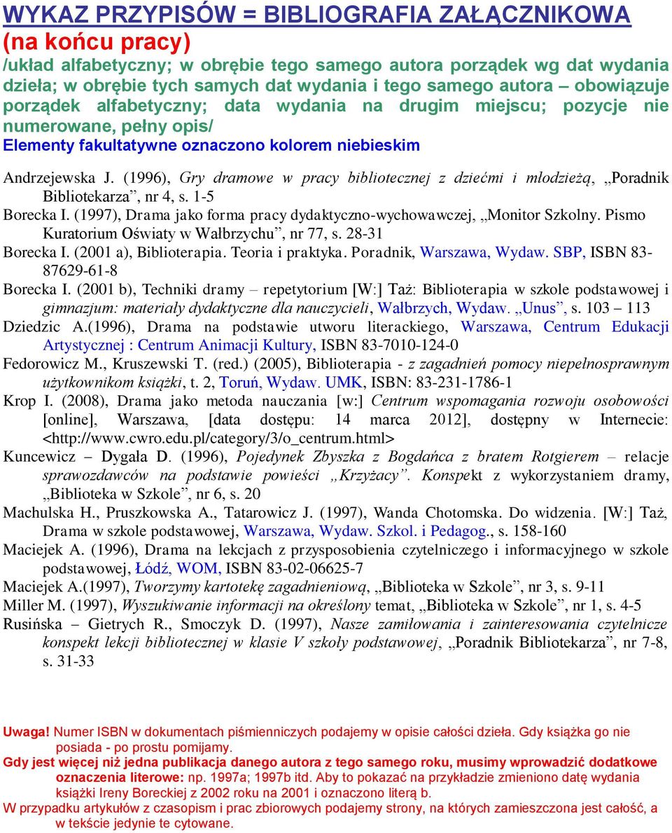 (1996), Gry dramowe w pracy bibliotecznej z dziećmi i młodzieżą, Poradnik Bibliotekarza, nr 4, s. 1-5 Borecka I. (1997), Drama jako forma pracy dydaktyczno-wychowawczej, Monitor Szkolny.