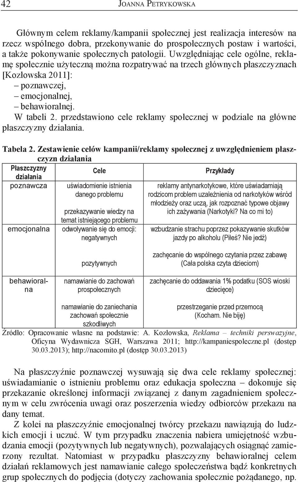 W tabeli 2. przedstawiono cele reklamy społecznej w podziale na główne płaszczyzny działania. Tabela 2.